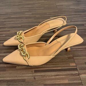 Elegant Tan/Nude/Apricot Slingback Kitten Heels with Gold Chain